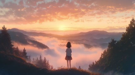Serene Sunrise: A Girl's Mountaintop View