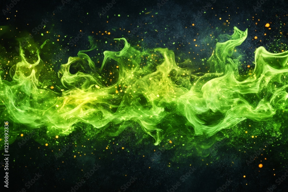 Aufkleber vibrant green smoke swirls with golden sparks in a dark space creating a mystical atmosphere