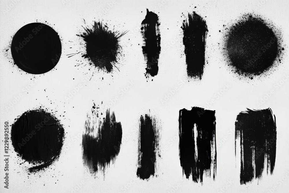 Poster Black paint splatters and strokes against a white background showcasing various artistic textures and forms