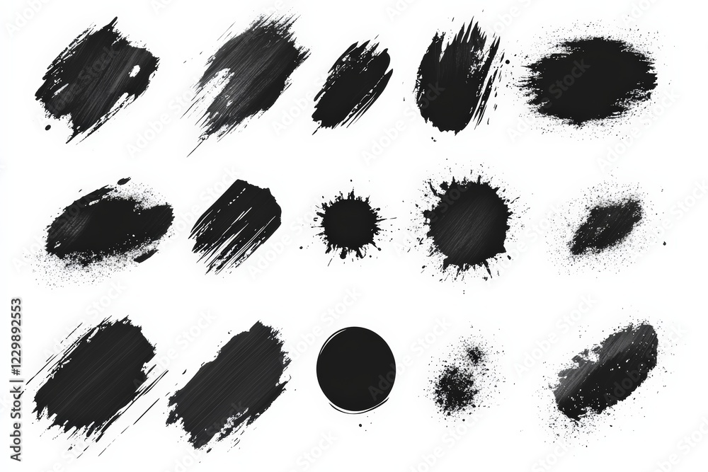 Poster Abstract black paint strokes and splatters on white background create a dynamic artistic texture