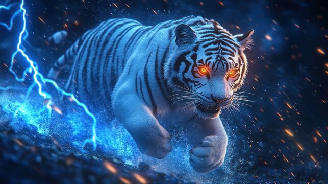 White tiger running through electric storm.