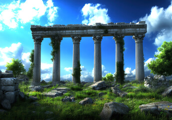 Discover the beauty of crumbling pillars amidst lush greenery, where nature intertwines with the remnants of grandeur.