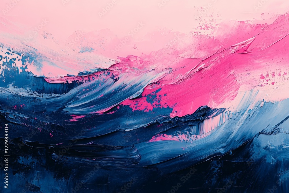 Poster bright abstract painting with dynamic pink and blue waves expressing emotion and creativity in moder