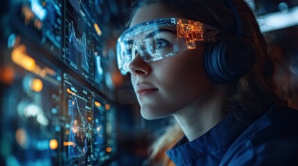 A young woman wearing protective goggles and headphones looks intently at a series of screens filled with data and charts.