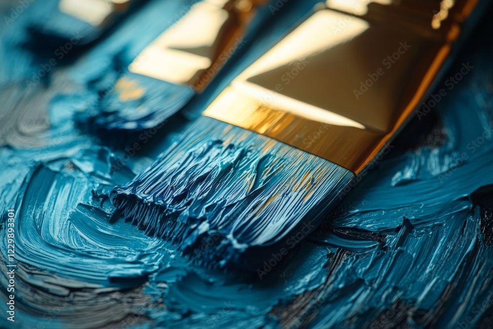 Poster brushes coated with vibrant blue paint arranged on a textured surface in a creative workspace during