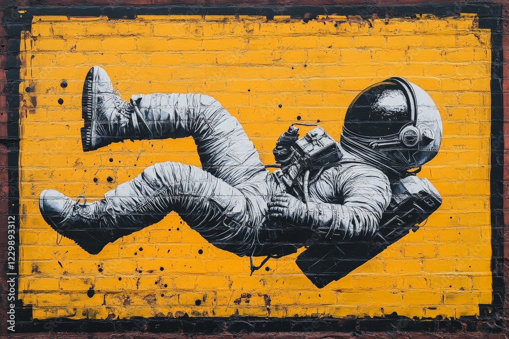 Poster astronaut mural floating against vibrant yellow background in urban setting