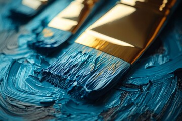 Fototapeta premium Brushes coated with vibrant blue paint arranged on a textured surface in a creative workspace during the day