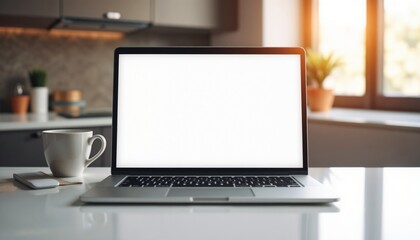 Fototapeta premium Laptop mockup displayed on a wooden table with a blank screen in a modern workspace
