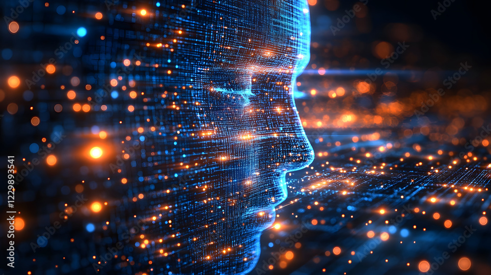 Poster Digital representation of a human face composed of glowing lines and particles, symbolizing technology and artificial intelligence