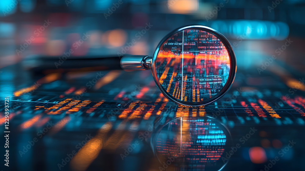 Poster A magnifying glass focuses on digital data patterns, symbolizing analysis and technology in a vibrant, futuristic setting