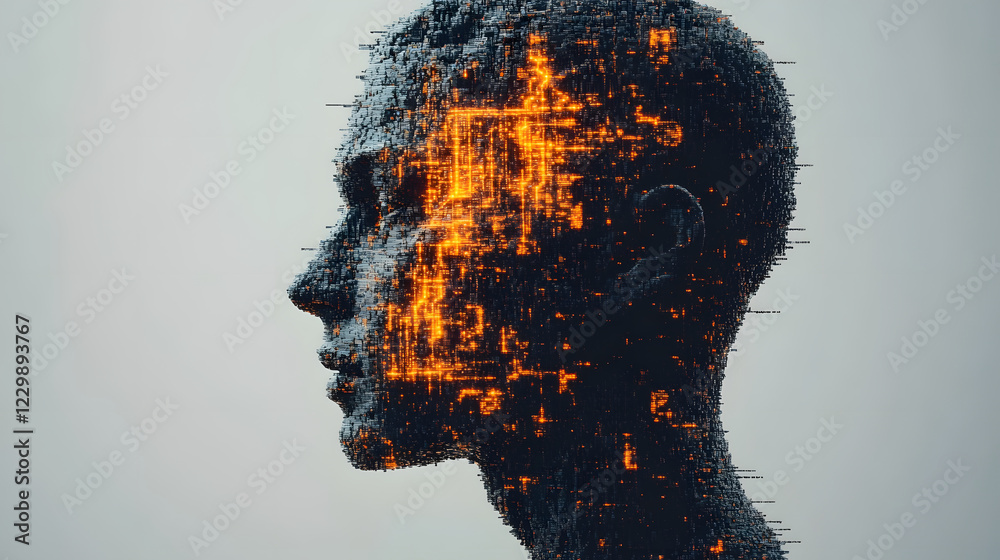 Poster a digital silhouette of a human head composed of intricate patterns and glowing elements, symbolizin