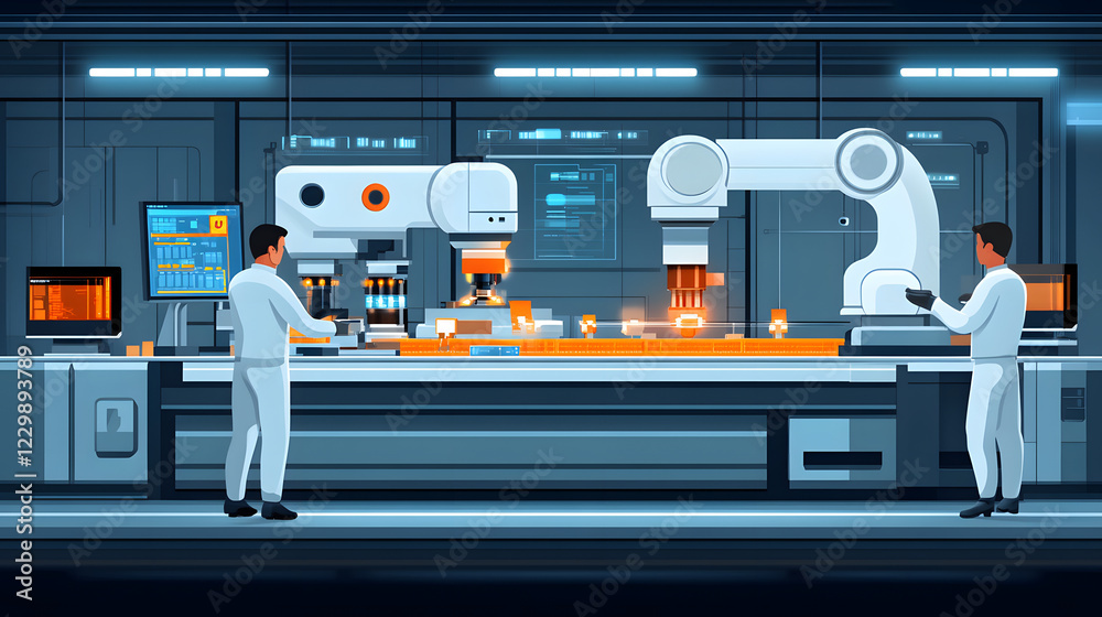 Poster Futuristic lab scene with robotic arms assisting two scientists in white coats, showcasing advanced technology and automation in a research environment