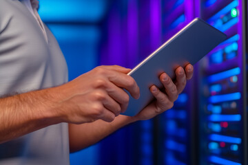Close-up of a man holding tablet, working with server rack in data center. Male using digital device for network management, security control in system farm room. Digital technology concept.