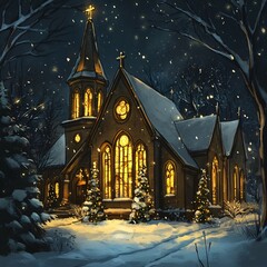 Christmas celebration at a charming church winter wonderland digital illustration nighttime serenity