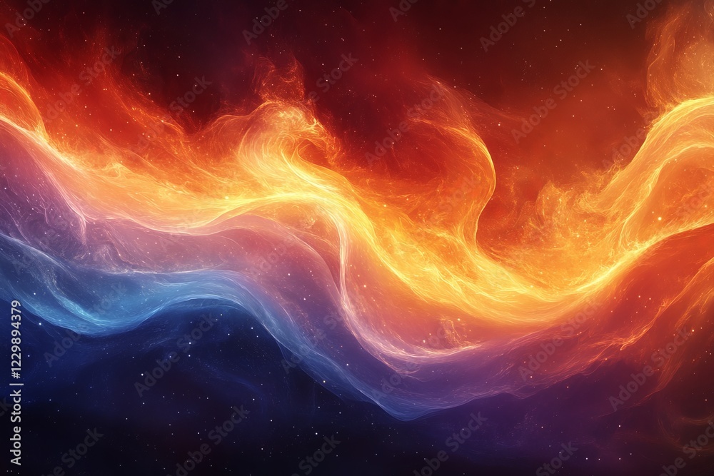 Poster vibrant cosmic abstract art depicting fiery colors blending with deep blues in a celestial atmospher