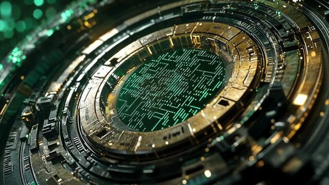 A closeup shot of a tingedge digital lock with a matte finish framed by a halo of green circuitry and binary sequences enveloping it in a protective aura of data encryption.