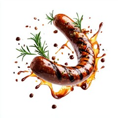 A flying sausage with caramelized edges and rosemary sprigs, surrounded by splashes of sauce, isolated on a white background