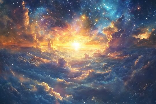 A celestial pilgrimage, where symbolic constellations and cosmic paths guide spiritual seekers. Symbolism's cosmic journey leads to transcendent revelations. 