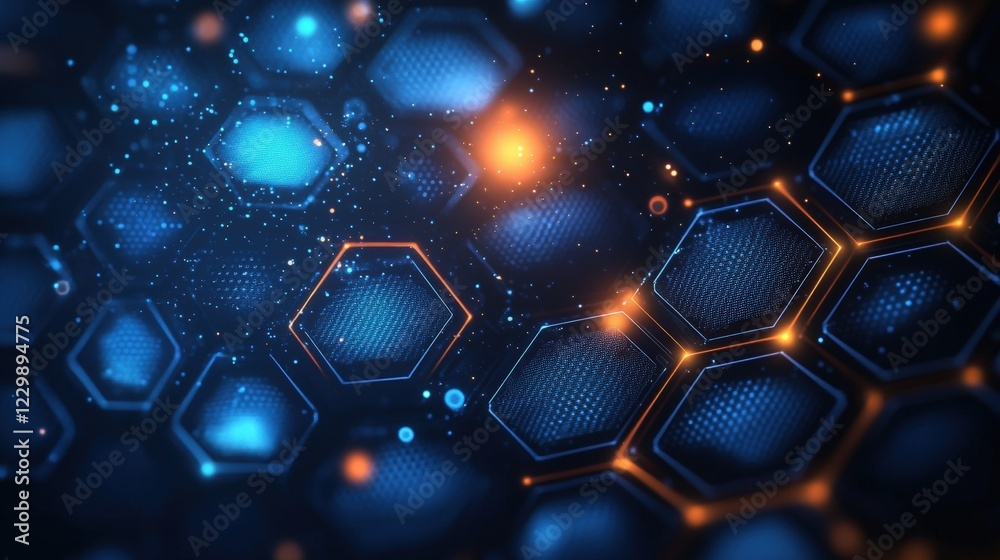 Poster abstract hexagon background with glowing lights in dark atmosphere creating a modern digital design
