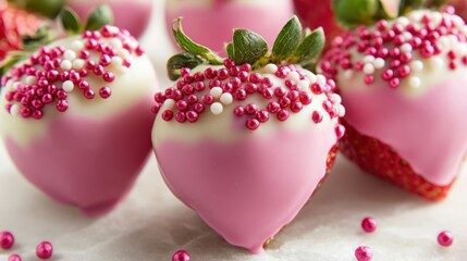 Naklejka premium Fresh strawberries dipped in pink and white chocolate with decorative sprinkles, styled for Valentine Day