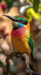 Obraz premium HD Phone Wallpaper Vibrant Rainbow Colored Bird Perched on Branch Exotic Wildlife Photography