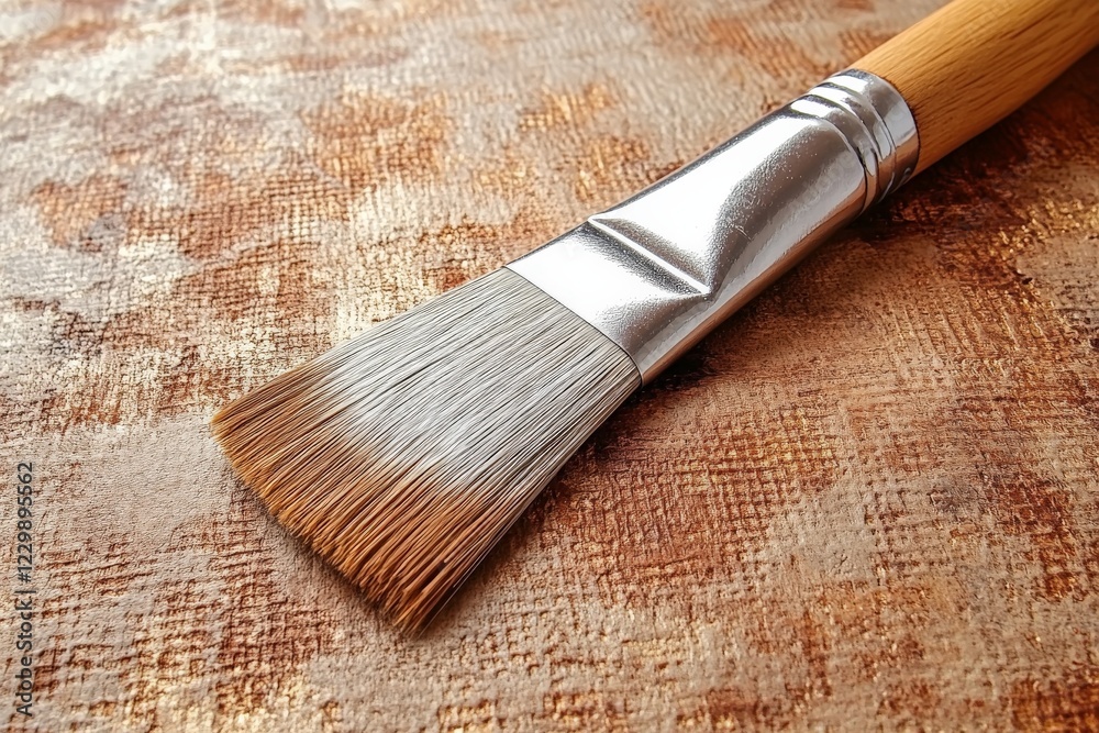 Poster Brush resting on textured canvas with soft colors in a creative workspace