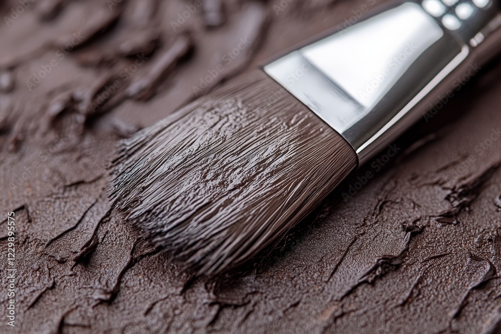 Poster close-up of a paintbrush resting on textured brown paint in an artistic workspace environment during