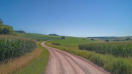 Naklejka premium A dirt road winds through a field of corn