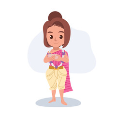 songkran festival illustration of a woman in traditional thai dress holding a water bowl and floral garland