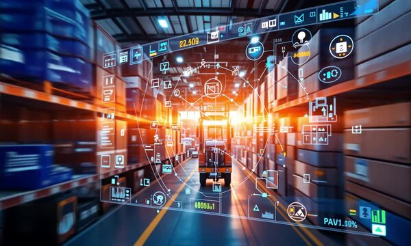 Witness the vibrant energy of a bustling warehouse as state-of-the-art technology transforms logistics. Automated systems and bright LED displays illuminate the busy environment during sunset