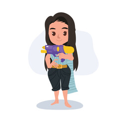 cartoon thai woman in traditional thai dress with water gun celebrating songkran festival