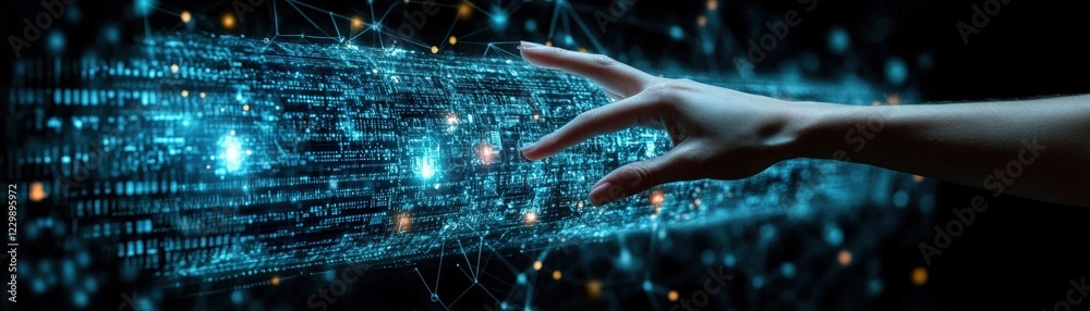 Poster hand interacting with a digital touchscreen interface displaying colorful graphics and icons