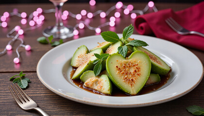 Heart-shaped nopal cactus salad with balsamic glaze in a romantic setting