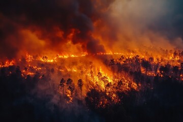 Forest engulfed in flames as wildfire spreads through trees during a dry season