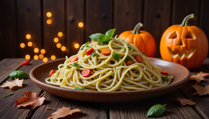 Delicious plate of spaghetti garnished with fresh herbs and cherry tomatoes, Halloween celebration