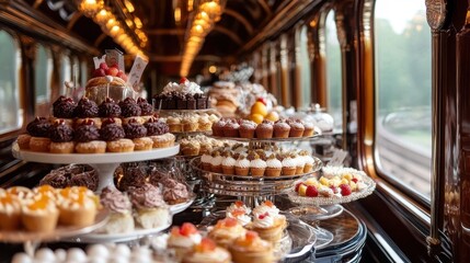 Exquisite Dessert Buffet Spread Inside Luxury Train Intricate Pastries and Artisanal Chocolates Beautifully Displayed
