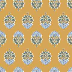 Traditional Indian floral block print seamless pattern. Simple Flower motif Bagru technique repeat design for fabrics, apparel, furnishings, wallpaper.  © sudevi