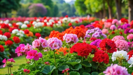 Fototapeta premium Beautiful flower bed with vibrant geraniums in a park landscape, showcasing diverse colors and textures of blooming flowers, park scenery, nature's splendor