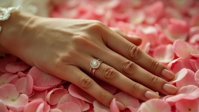 Beautiful and gentle hand of the bride with a wedding ring