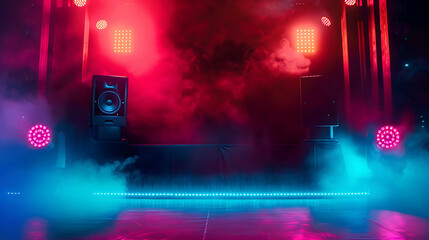 Scenic stage with neon lights with laser beams and smoke.