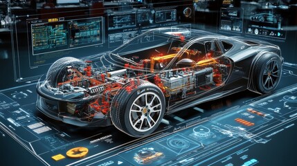 Obraz premium 3D holographic model of a sports car energy system.