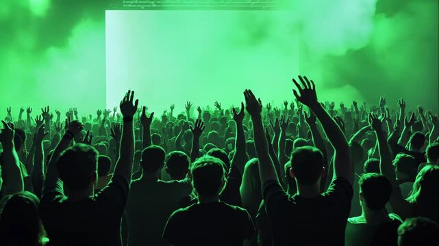 Crowd at a music concert in front of a giant green screen stage for digital effects.