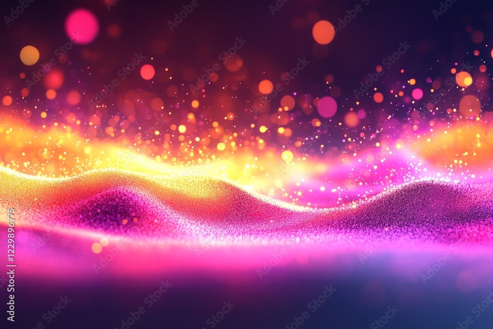 Poster Vibrant abstract landscape with colorful waves and glowing particles in dynamic composition at night
