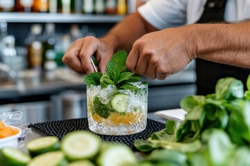 In this image, a skilled mixologist is preparing a refreshing drink using fresh ingredients, showcasing the artistry and technique behind cocktail making.