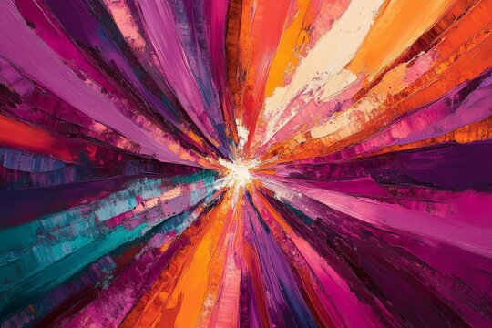 Colorful abstract artwork depicting vibrant rays extending outward with bold hues of purple, orange, pink, and teal