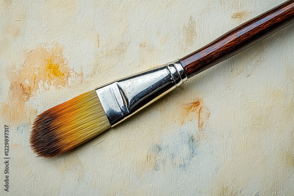 Poster Close-up of a paintbrush resting on a textured canvas with vivid paint strokes in an artist's workspace