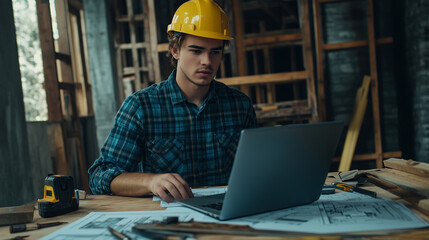 construction worker wearing a helmet, working with a laptop, the architect is working on a project