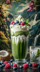 Refreshing Matcha Green Tea Smoothie with Berries and Whipped Cream