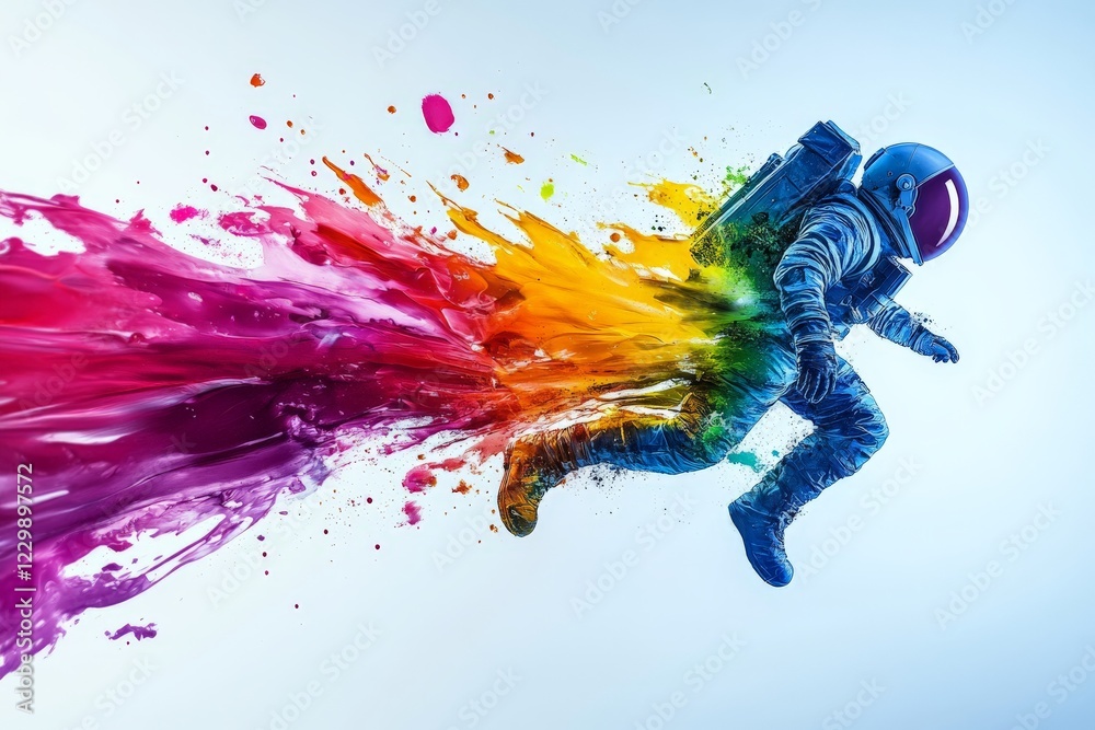 Poster astronaut in vibrant colors leaps through space, creating a splash of paint against a light backgrou