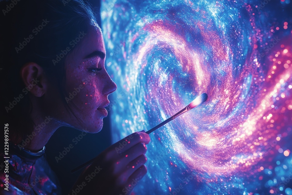 Poster woman interacting with a colorful cosmic swirl in an artistic space setting during nighttime